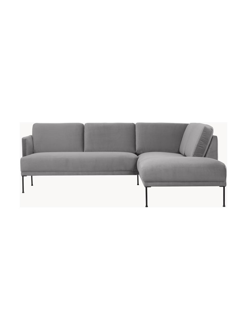 Sofa narożna z aksamitu Fluente, Tapicerka: aksamit (wysokiej jakości, Stelaż: lite drewno sosnowe z cer, Nogi: metal malowany proszkowo, Szary aksamit, S 221 x G 200 cm, lewostronna
