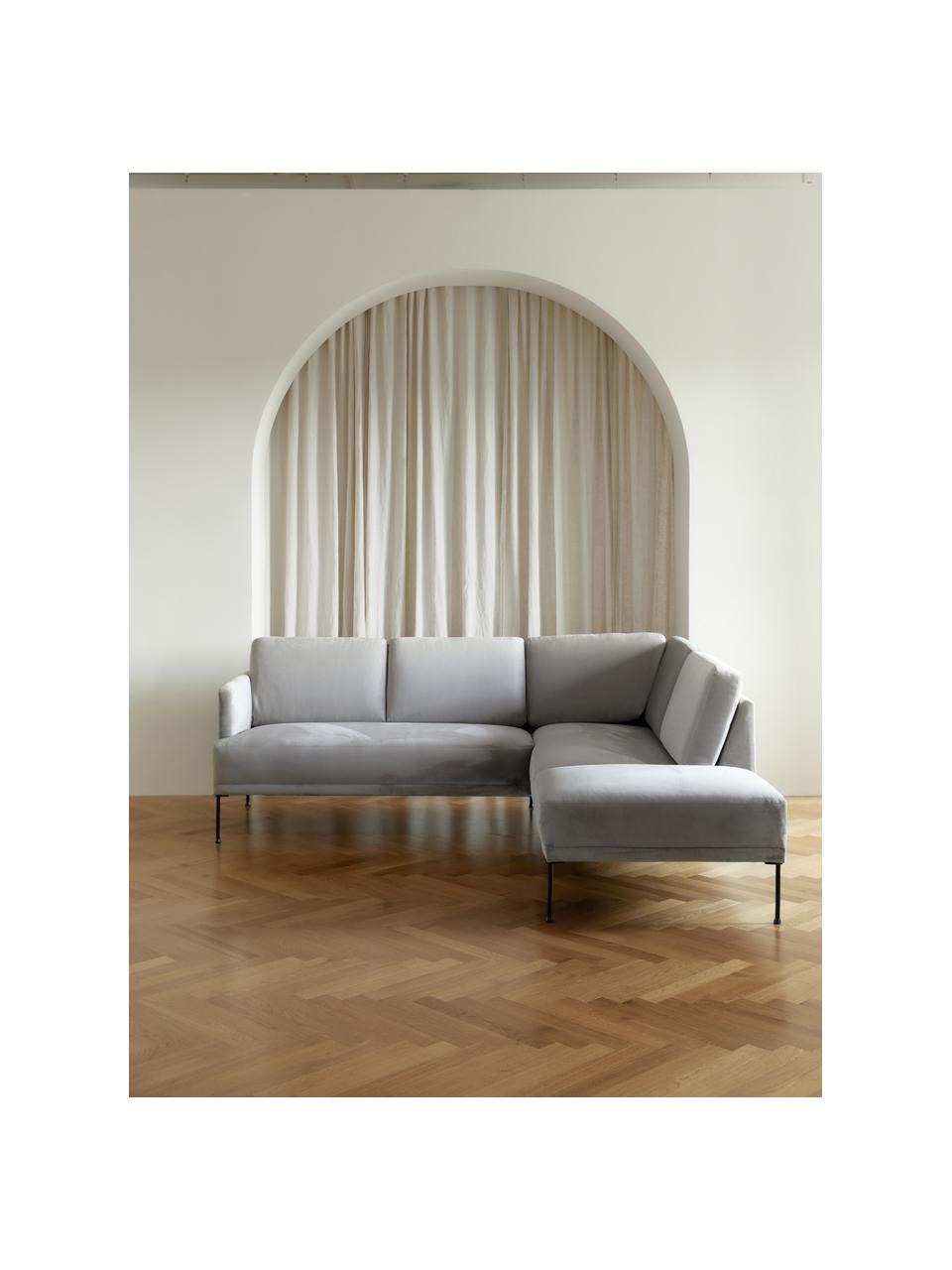 Samt-Ecksofa Fluente, Bezug: Samt (Hochwertiger Polyes, Gestell: Massives Kiefernholz, Samt Grau, B 221 x T 200 cm, Eckteil links