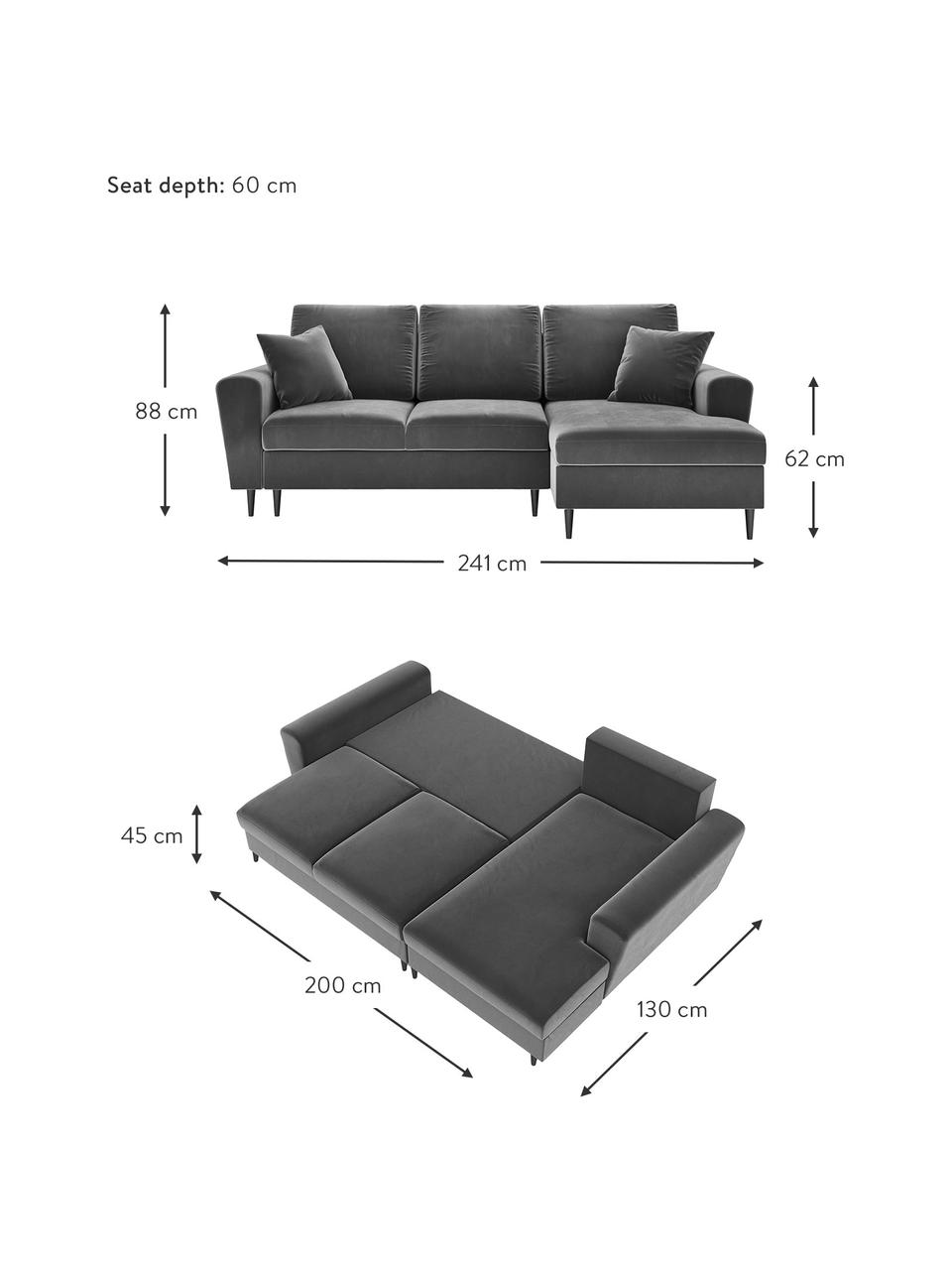 Canapé d'angle 4 places velours avec fonction lit et rangement Moghan, Gris, pieds noir, larg. 241 x prof. 145 cm, méridienne à droite