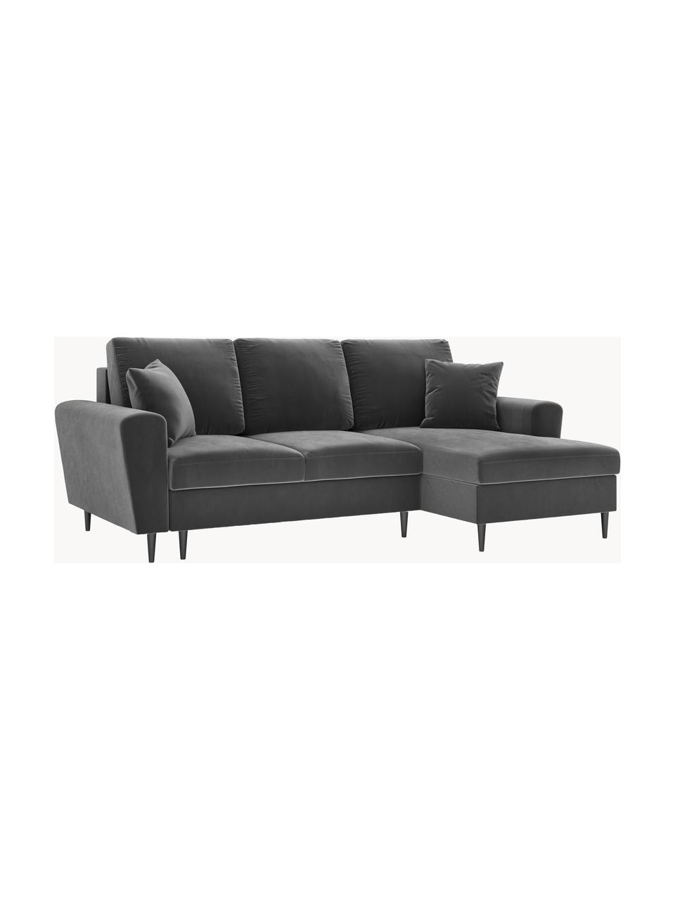 Canapé d'angle 3 places en velours avec fonction lit et rangement Moghan, Velours gris, noir, larg. 241 x prof. 145 cm, méridienne à gauche