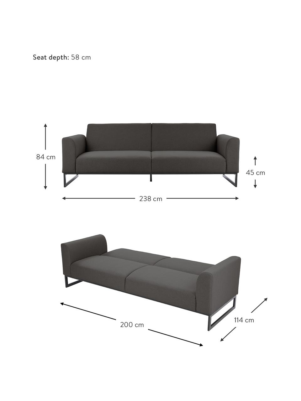 Slaapbank Josephine (3-zits), Frame: massief grenen en multipl, Geweven antraciet, B 238 x H 85 cm