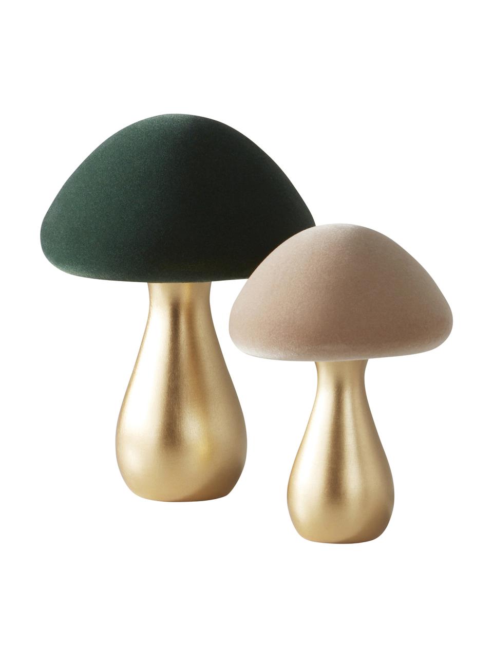 Champignon décoratif Kalle, 2 élém., Polyrésine avec toucher velouté, Vert foncé, couleur dorée, beige, Lot de différentes tailles