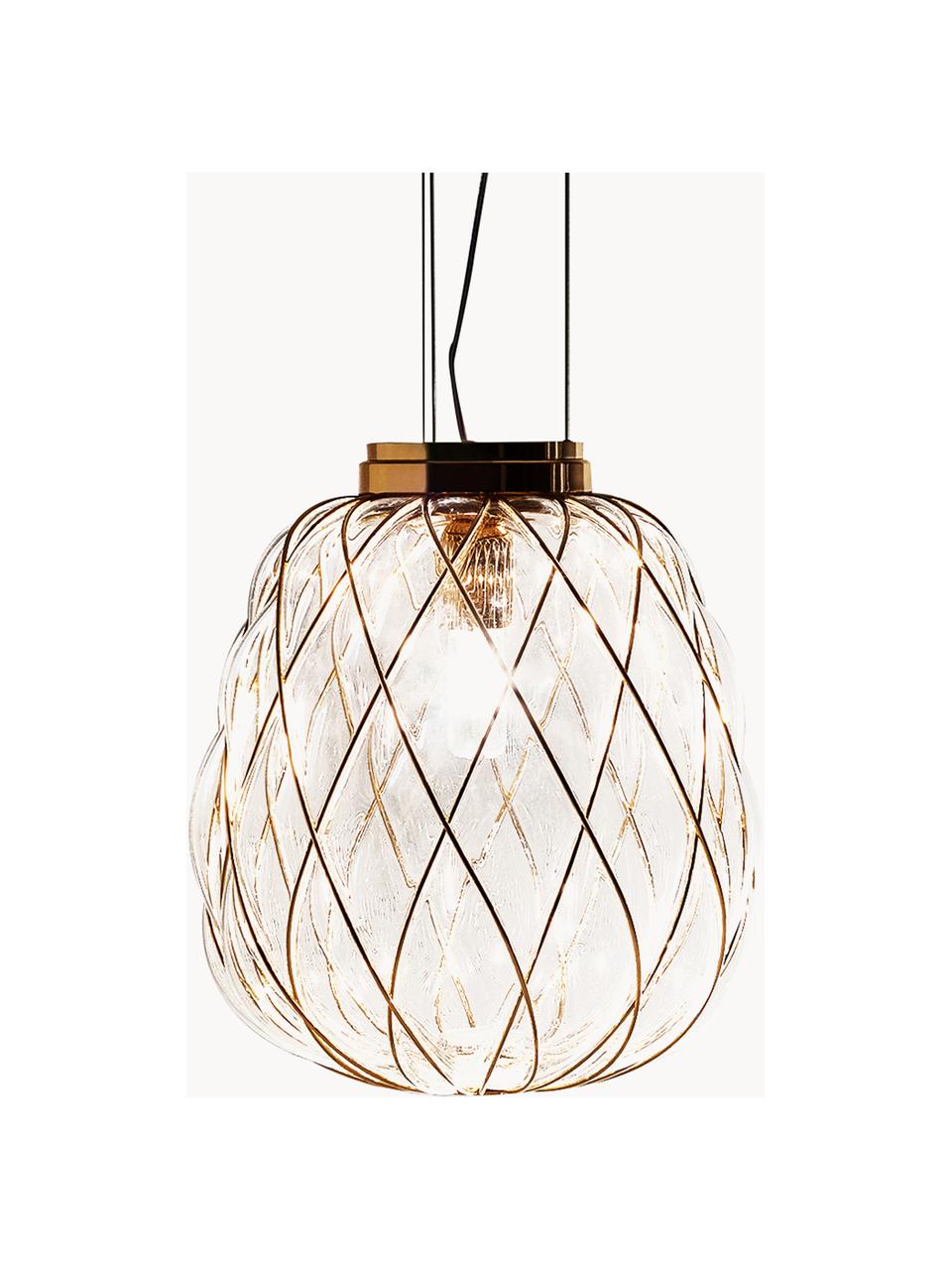 Handgemaakte hanglamp Pinecone, Lampenkap: glas, gegalvaniseerd meta, Decoratie: gegalvaniseerd metaal, Transparant, goudkleurig, Ø 30 x H 250 cm