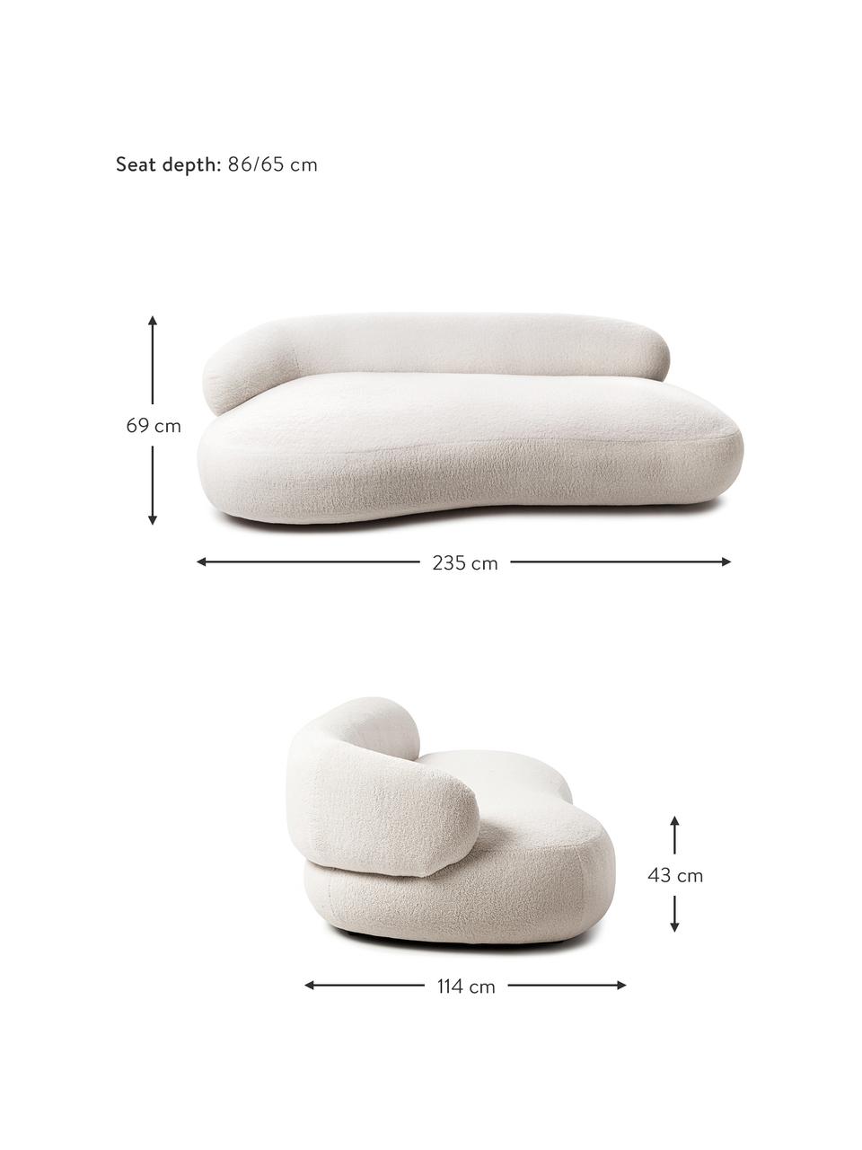 Divano curvo 3 posti in teddy Alba, Rivestimento: teddy (100% poliestere) I, Rivestimento: imbottitura in schiuma, Struttura: legno massiccio di abete , Piedini: plastica, Teddy bianco crema, Larg. 235 x Prof. 114 cm, schienale a sinistra