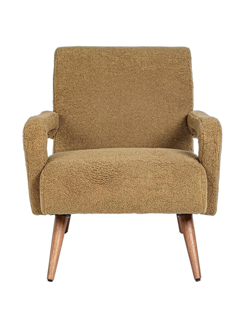 Poltroncina in tessuto Teddy marrone Berna, Rivestimento: 100% poliestere (pellicci, Struttura: legno di pino, compensato, Piedini: legno di albero della gom, Teddy marrone, Larg. 65 x Prof. 79 cm