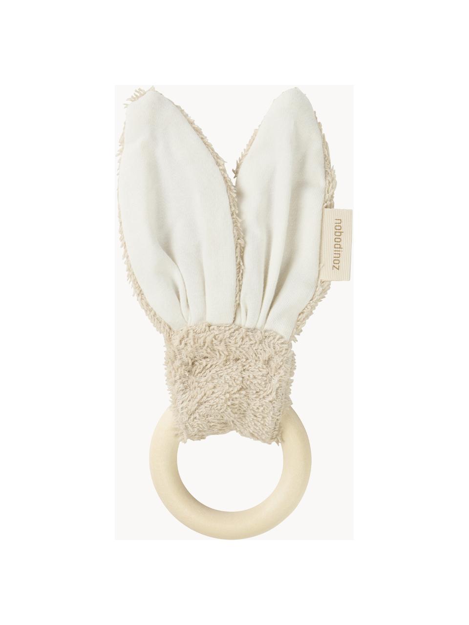 Beißring Bunny, Bezug: 94 % Bio-Baumwolle, GOTS-, Cremeweiß, Beige, Ahornholz, Ø 7 x H 22 cm