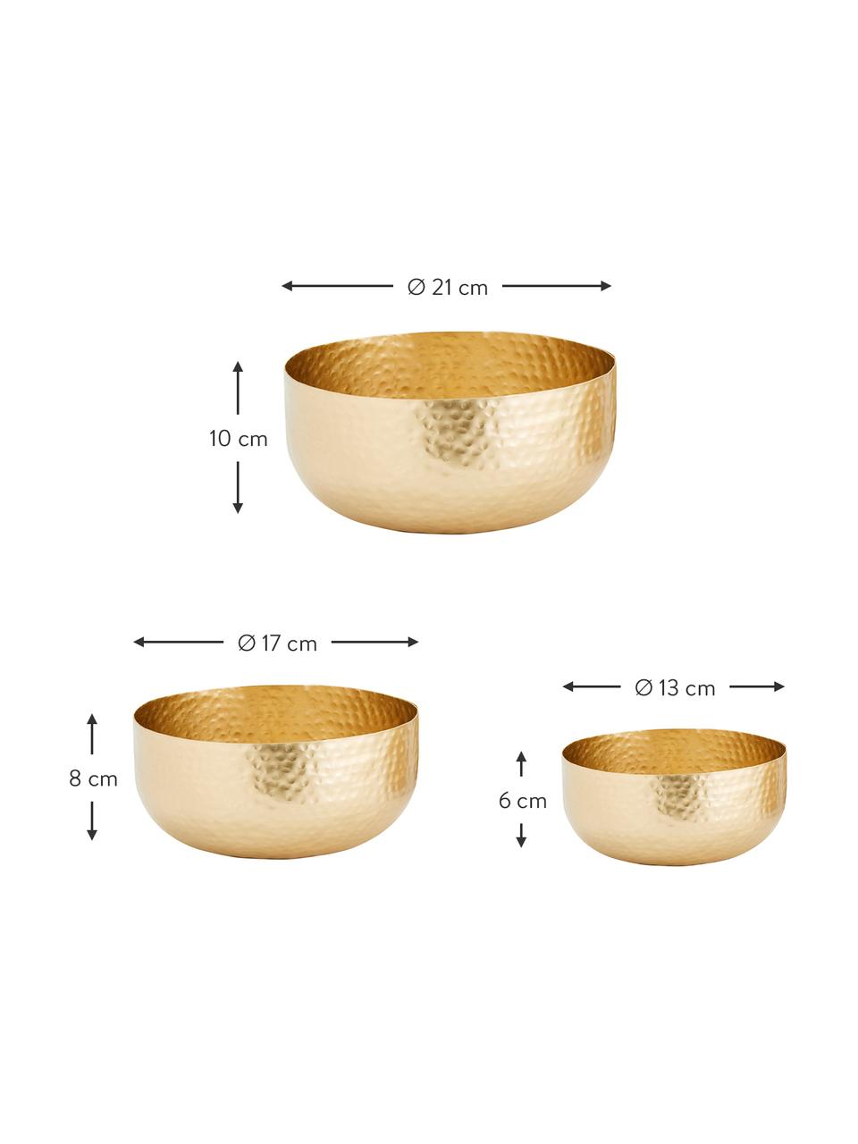 Cuencos decorativos Ivy con Hammerschlag-Optik, 3 pzas., Metal recubierto, Latón, Set de diferentes tamaños