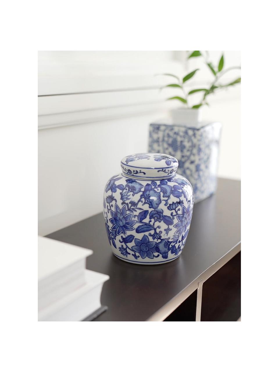 Wazon z porcelany z pokrywką Annabelle, Porcelana, Niebieski, biały, Ø 11 x W 13 cm