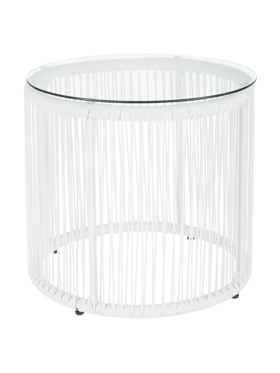 Beistelltisch Bahia aus Kunststoff-Geflecht in Weiß, Tischplatte: Glas, Gestell: Aluminium, pulverbeschich, Weiß, Ø 50 x H 45 cm