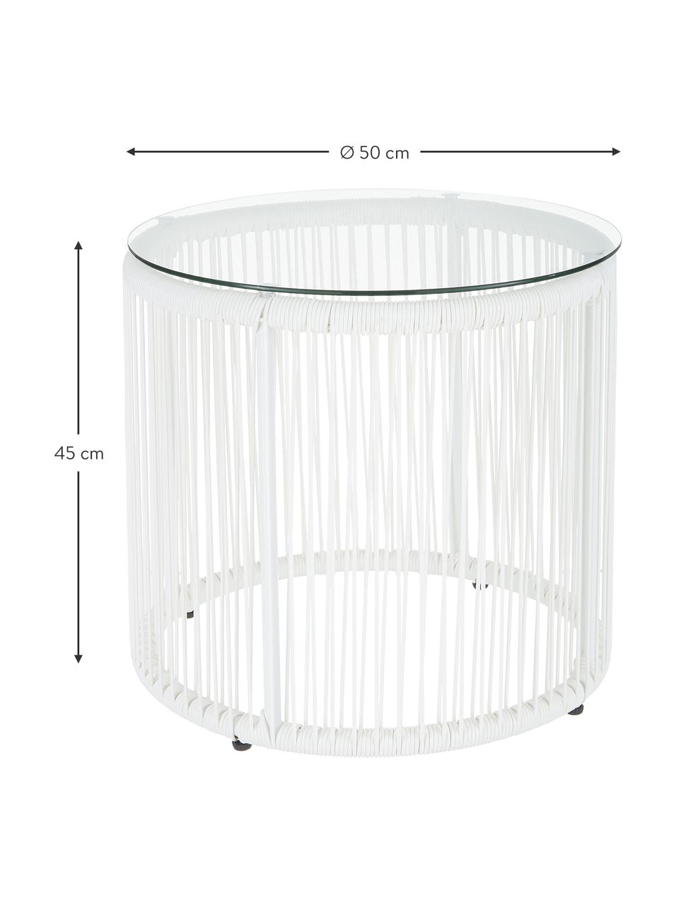 Stolik pomocniczy ze splotu z tworzywa sztucznego Bahia, Blat: szkło, Stelaż: aluminium malowane proszk, Biały, Ø 50 x W 45 cm
