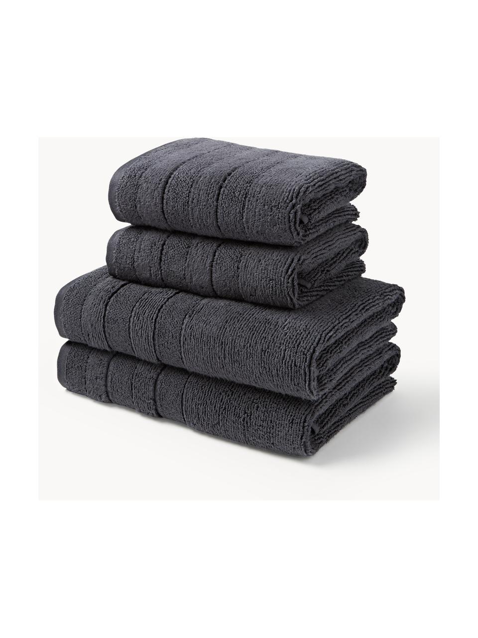 Lot de serviettes de bain avec bordure décorative Luxe, set de tailles variées, Anthracite, 3 éléments (1 serviette invité, 1 serviette de toilette et 1 drap de bain)