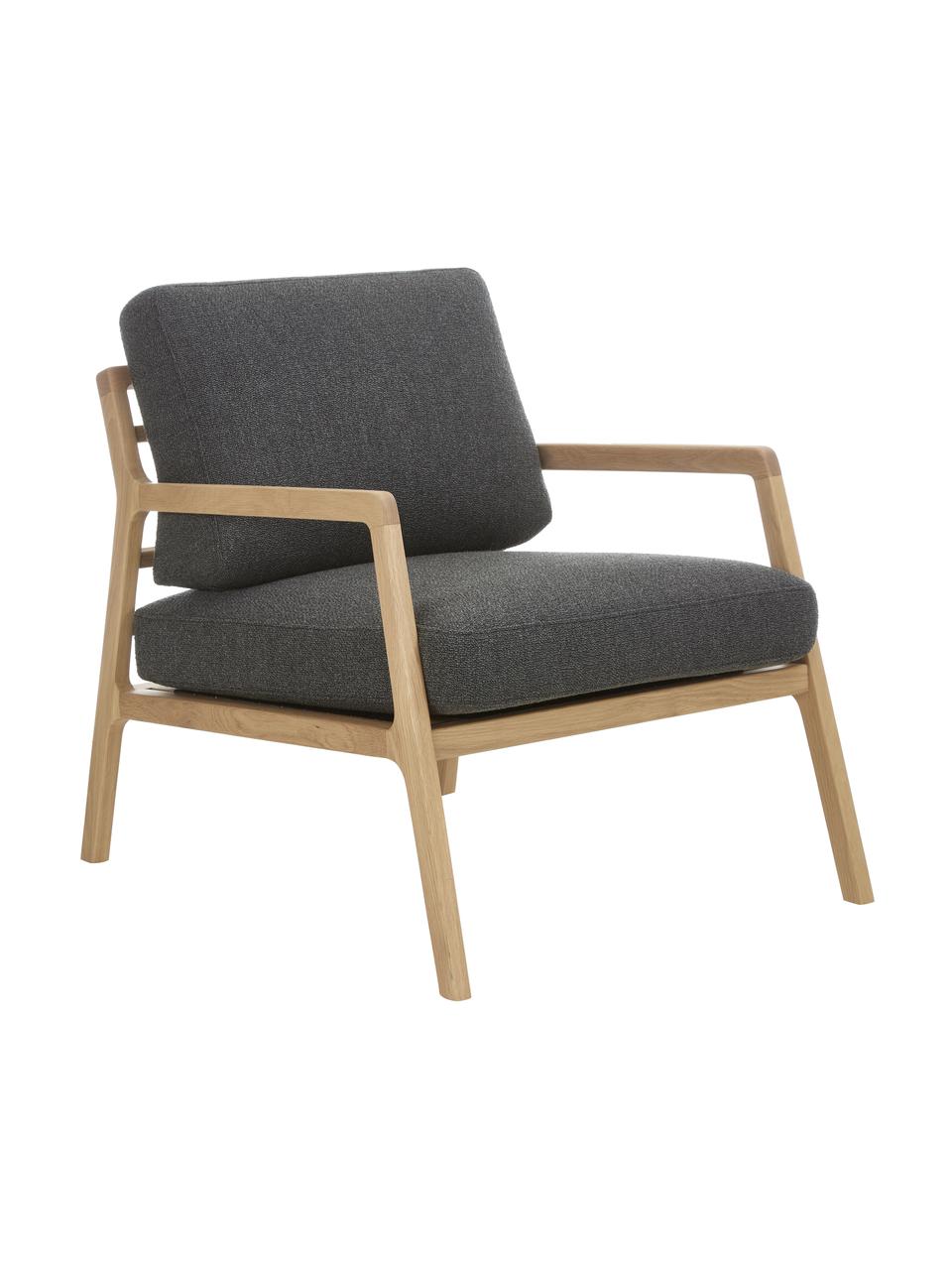 Fauteuil Becky van eikenhout, Bekleding: 53% acryl, 23% polyester,, Frame: massief eikenhout, Geweven stof grafiet, eikenhout, B 73 x H 71 cm