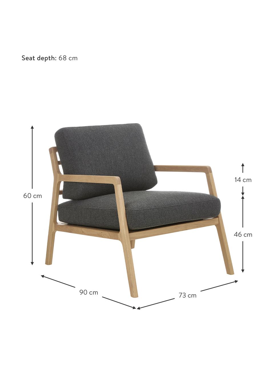 Fauteuil scandi Becky, Tissu graphite, bois de chêne, larg. 73 x haut. 71 cm