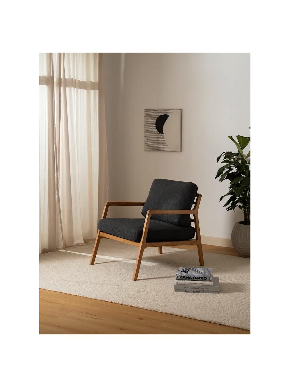 Fauteuil Becky van eikenhout, Bekleding: 53% acryl, 23% polyester,, Frame: massief eikenhout, Geweven stof grafiet, eikenhout, B 73 x H 71 cm