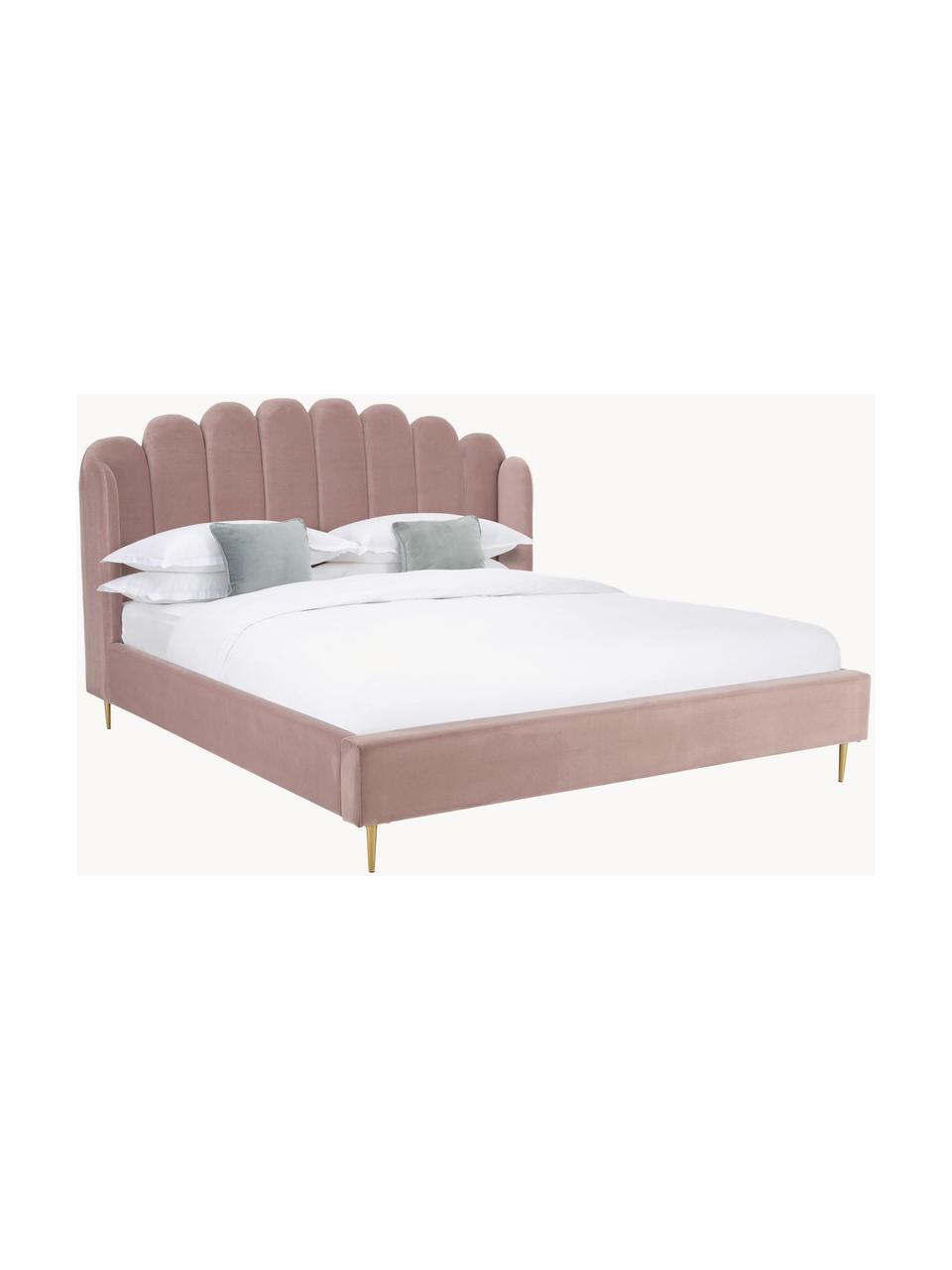 Cama tapizada en terciopelo Glamour, Estructura: madera de pino maciza, Patas: metal latón, Tapizado: terciopelo (poliéster) Al, Terciopelo rosa palo, 160 x 200 cm