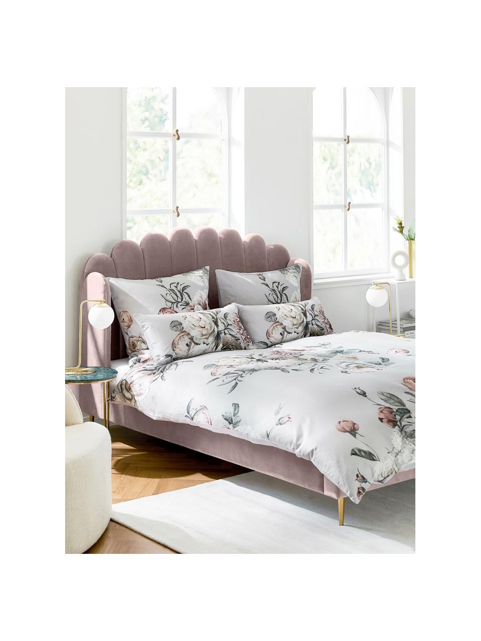 Gestoffeerd fluwelen bed Glamour, Frame: massief grenenhout, Poten: vermessingd metaal, Bekleding: fluweel (polyester), Fluweel oudroze, 160 x 200 cm