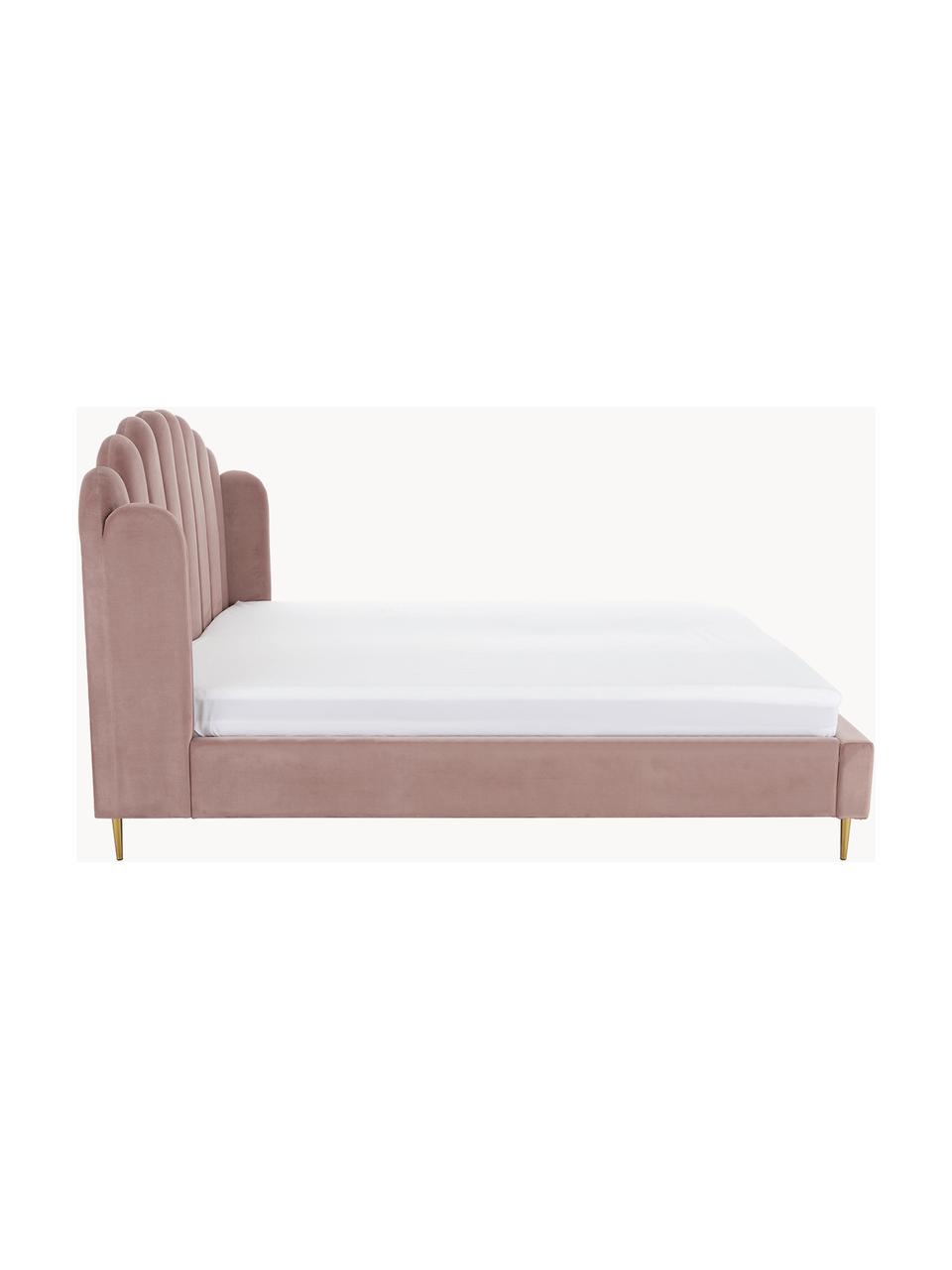 Cama tapizada en terciopelo Glamour, Estructura: madera de pino maciza, Patas: metal latón, Tapizado: terciopelo (poliéster) Al, Terciopelo rosa palo, 160 x 200 cm