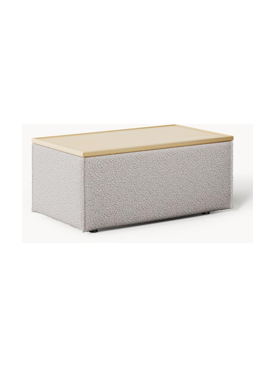 Sofa-Hocker Lennon aus Bouclé mit Stauraum, Bezug: Bouclé (80 % Polyester, 2, Tablett: Eichenholz, Spannplatte m, Gestell: Spanplatte, mitteldichte , Bouclé Taupe, helles Eichenholz, B 88 x T 50 cm