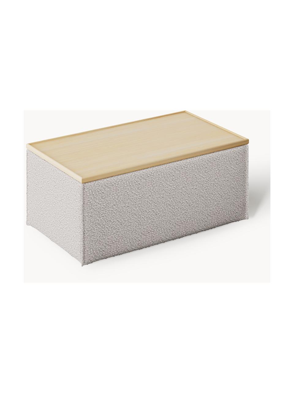 Sofa-Hocker Lennon aus Bouclé mit Stauraum, Bezug: Bouclé (80 % Polyester, 2, Tablett: Eichenholz, Spannplatte m, Gestell: Spanplatte, mitteldichte , Bouclé Taupe, helles Eichenholz, B 88 x T 50 cm