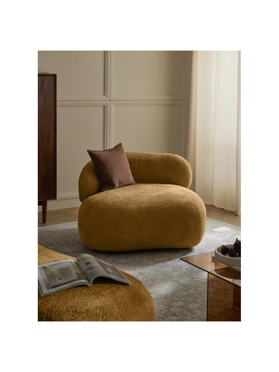 Loungefauteuil Alba uit teddy-bouclé, Bekleding: 100% polyester Met 100.00, Frame: massief sparrenhout, gren, Poten: kunststof Dit product is , Teddy-bouclé oker, B 102 x D 89 cm, rugleuning links