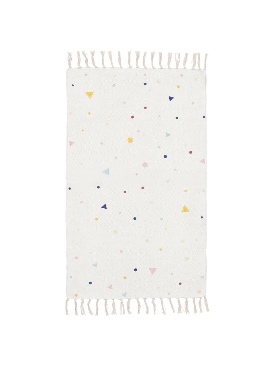 Dywan dziecięcy z bawełny z frędzlami Tainka, 95% bawełna, 5% poliester, Biały niebieski, żółty, blady różowy, S 65 x D 110 cm (Rozmiar XS)