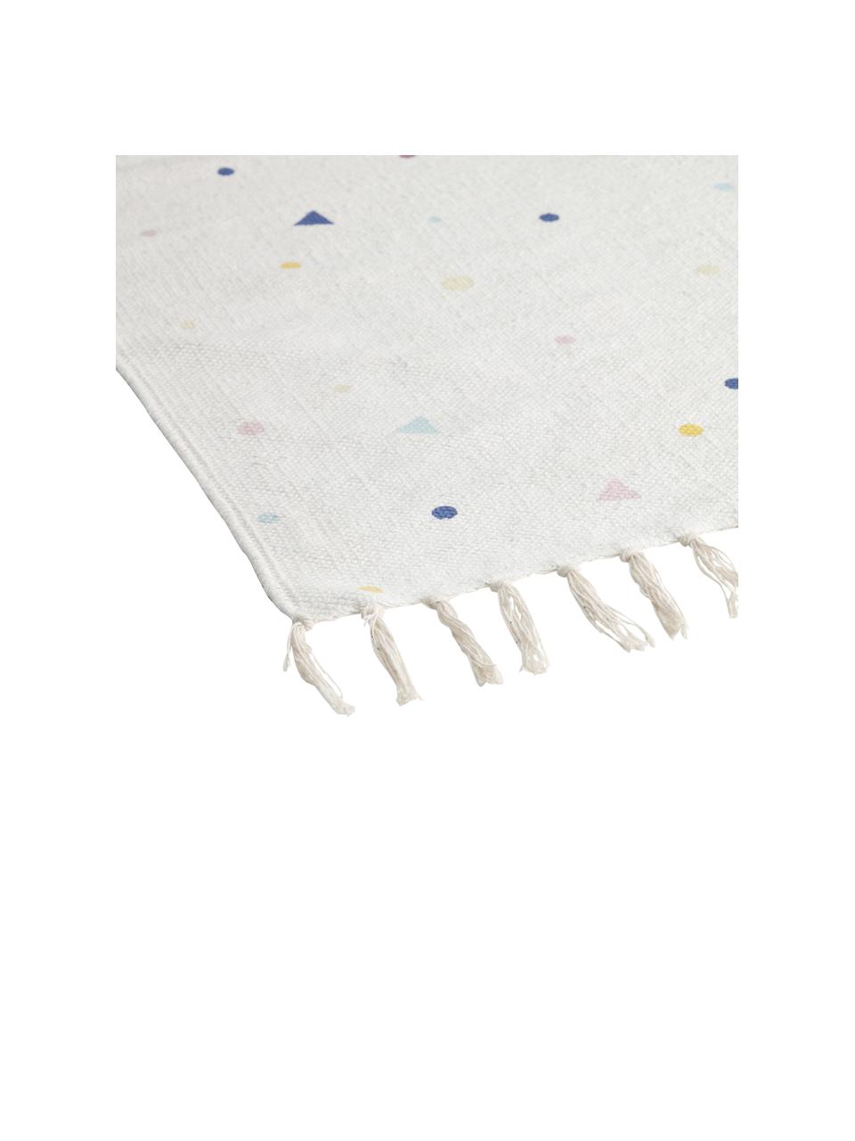 Katoenen vloerkleed Tainka met gekleurd patroon en franjes, 95% katoen, 5% polyester, Wit blauw, geel, roze, B 65 x L 110 cm (maat XS)