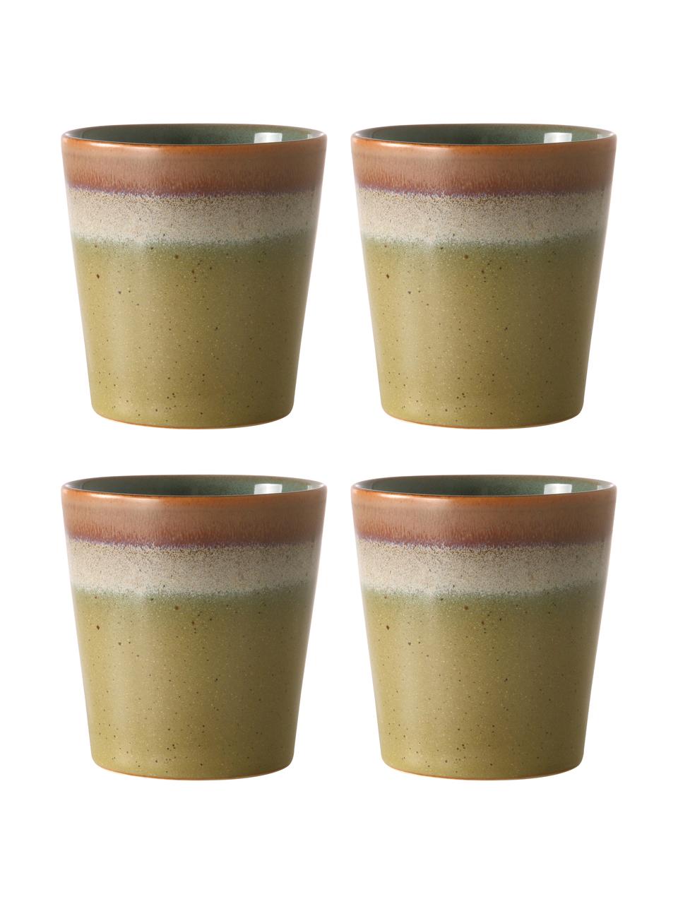 Tazza senza manico fatta a mano in stile retrò 70's 4 pz, Gres, Verde, marrone, Ø 8 x Alt. 8 cm