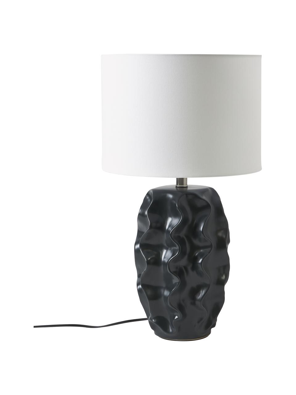 Große Tischlampe Parker mit Keramikfuß, Lampenschirm: Leinen, Lampenfuß: Keramik, Weiß, Schwarz, Ø 36 x H 63 cm