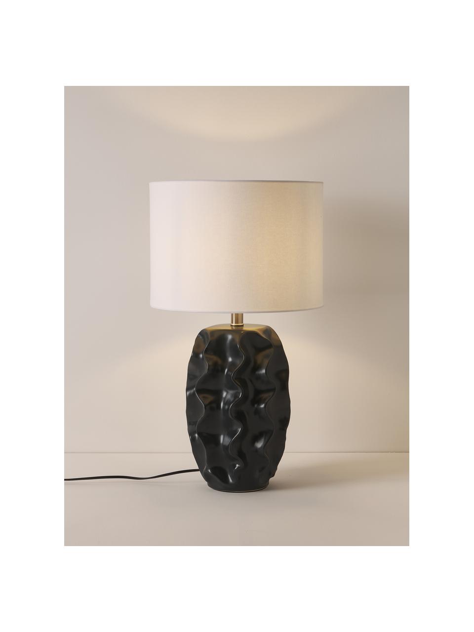 Grote tafellamp Parker met keramische voet, Lampenkap: linnen, Lampvoet: keramiek, Wit, zwart, Ø 36 x H 63 cm