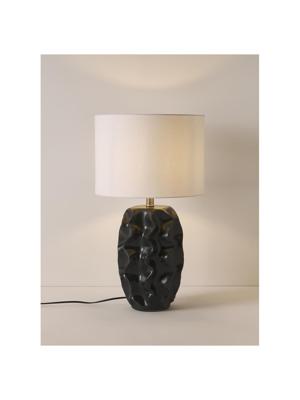 Lampada da tavolo grande con base in ceramica Parker, Paralume: lino, Struttura: metallo rivestito, Bianco, nero, Ø 36 x Alt. 63 cm