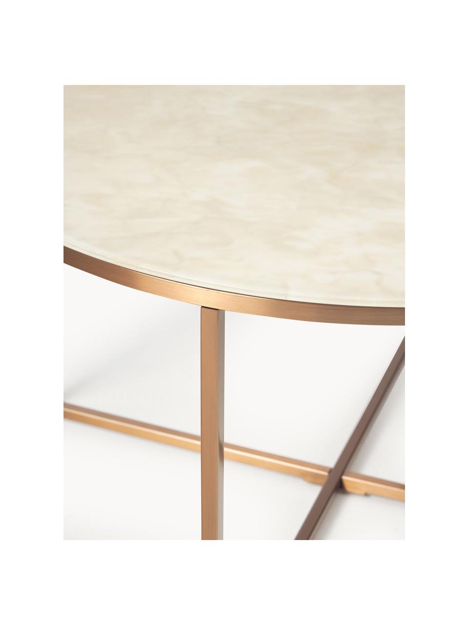Tavolino rotondo con piano in vetro effetto marmo Antigua, Struttura: metallo ottonato, Beige effetto marmo, ottonato lucido, Ø 80 x Alt. 45 cm