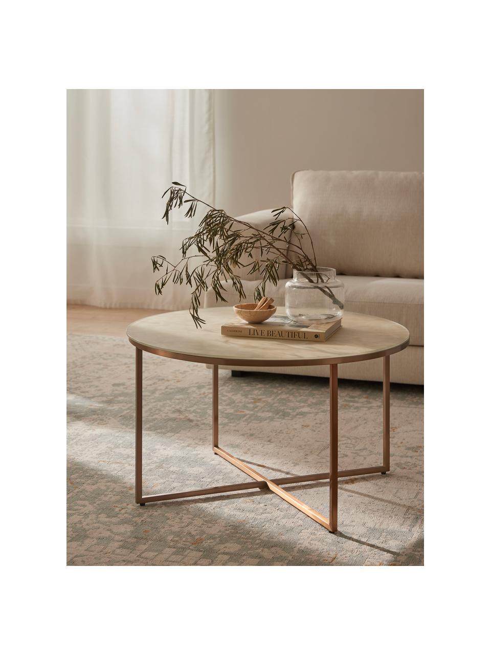 Mesa de centro redonda con tablero de vidrio en look mármol Antigua, Tablero: vidrio estampado en efect, Estructura: metal, latón, Aspecto mármol beige, latón mate, Ø 80 cm