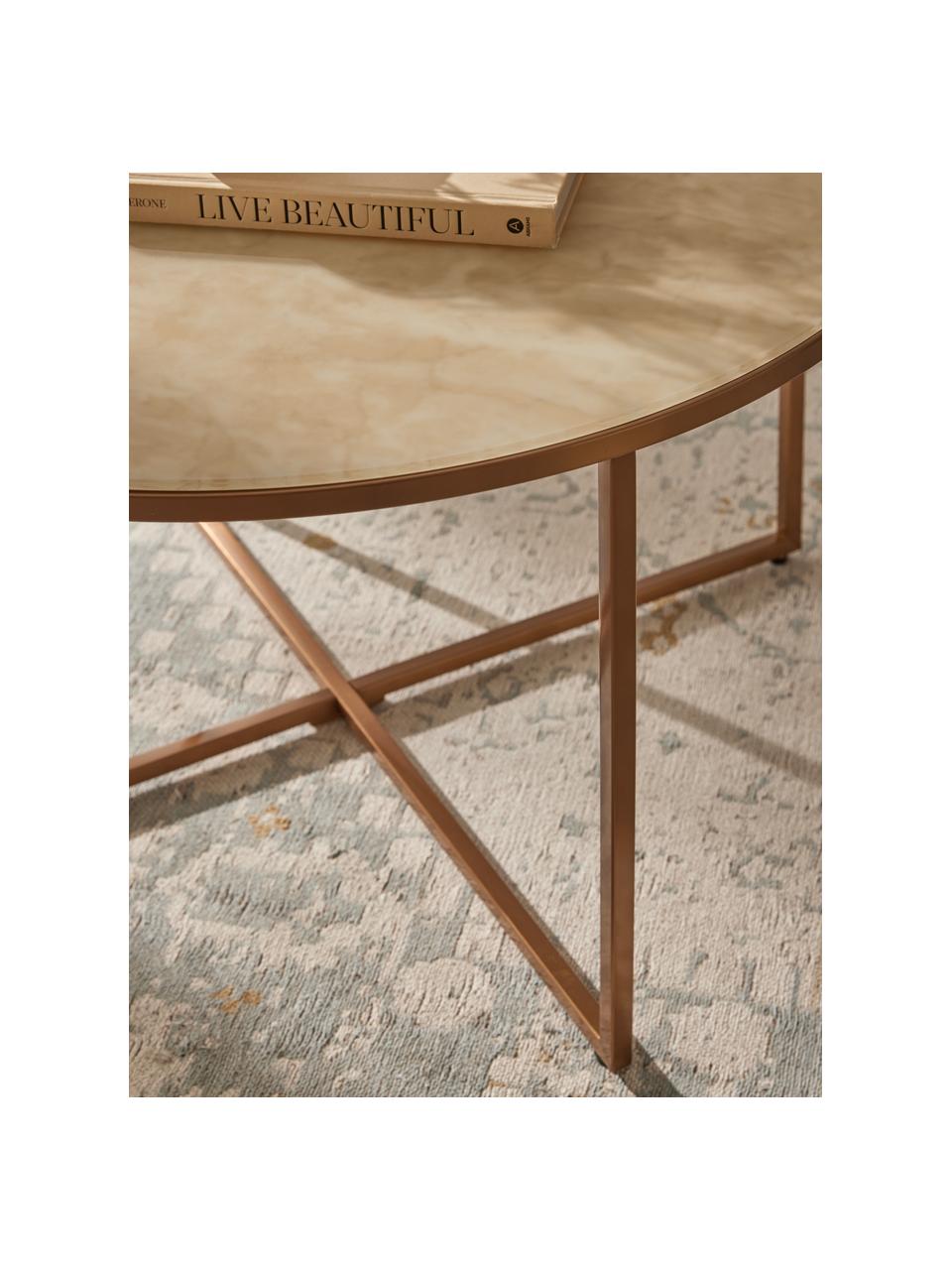 Okrągły stolik kawowy ze szklanym blatem Antigua, Blat: szkło, matowy nadruk, Stelaż: metal mosiądzowany, Beżowy, o wyglądzie marmuru, odcienie mosiądzu, matowy, Ø 80 cm