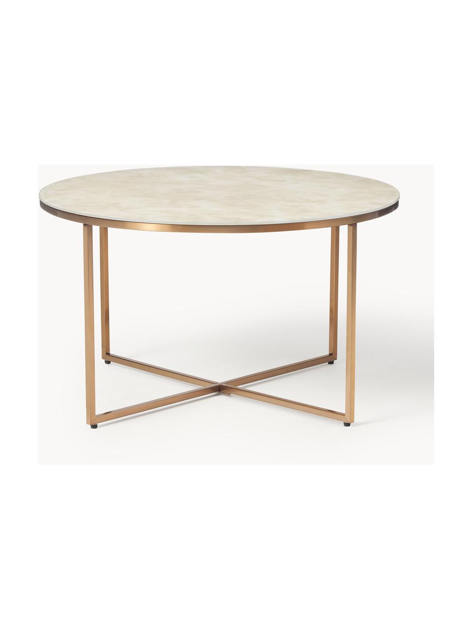 Table basse ronde look marbre Antigua, Beige aspect marbre, cadre or laiton mat, Ø 80 cm