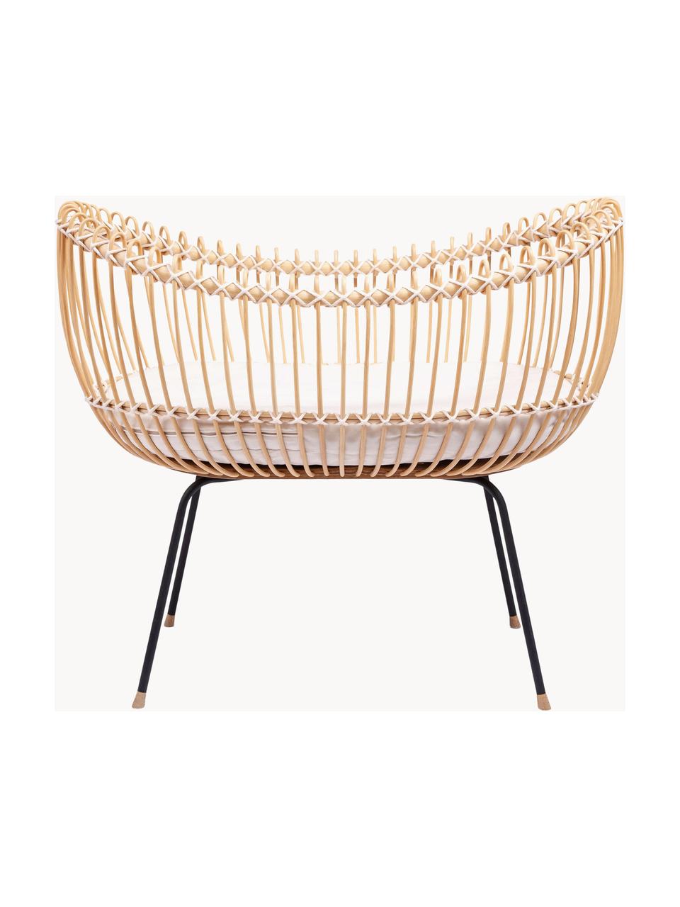 Handgefertigtes Stubenbett Lola aus Rattan, Korb: Rattan, Baumwollschnur, Gestell: Metall, Mangoholz, Matratze: Kokosfasern latexiert, Sc, Beige, Off White, B 51 x L 84 cm