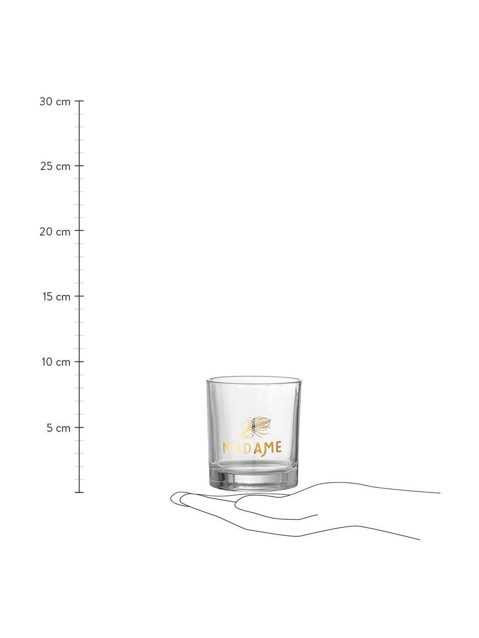 Set 4 bicchieri con diverse scritte dorate Takki, Vetro stampato, Trasparente, Ø 8 x Alt. 9 cm
