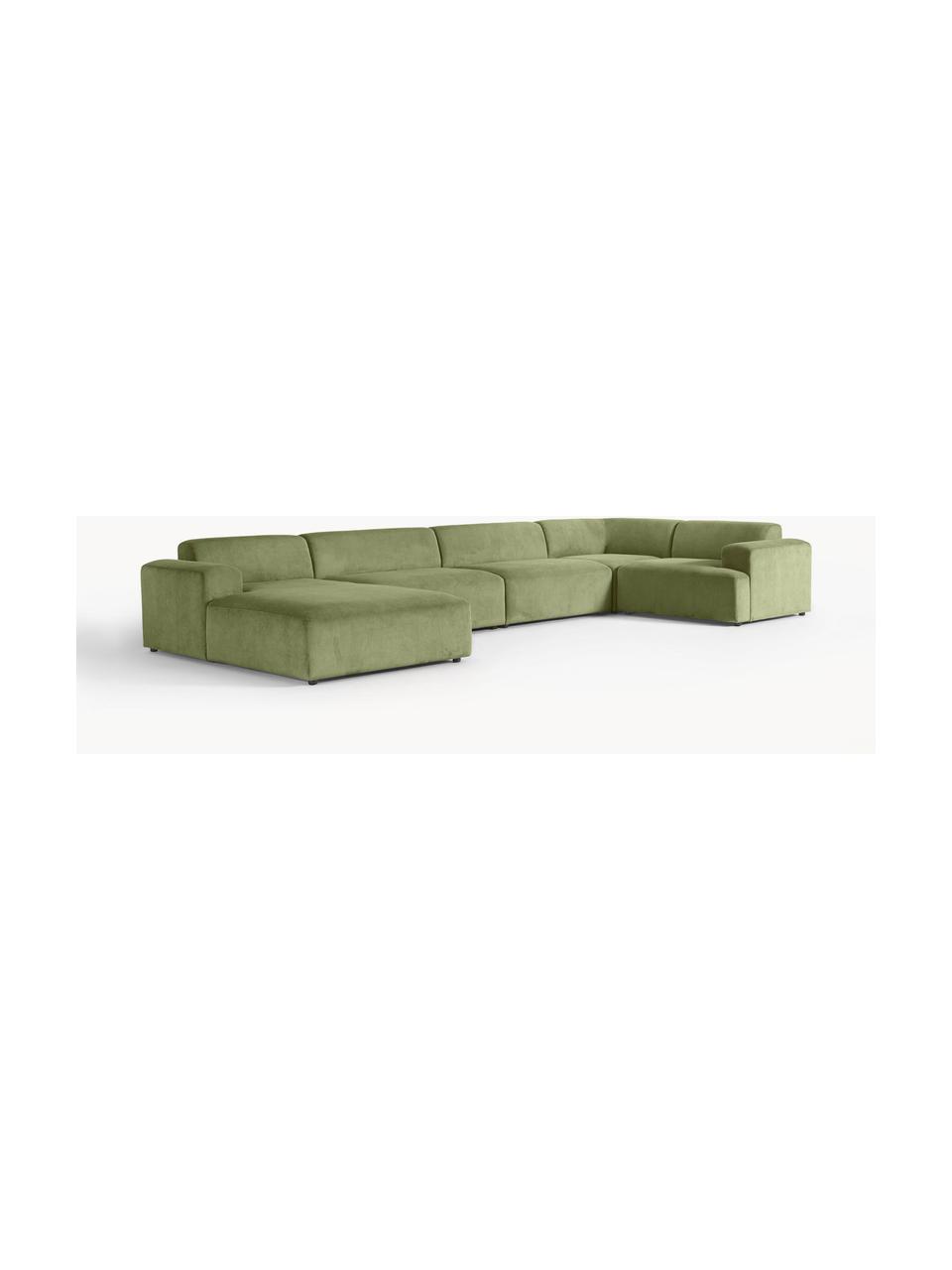 Salon lounge XL en velours côtelé Melva, Velours côtelé vert olive, larg. 458 x prof. 220 cm, dossier à gauche