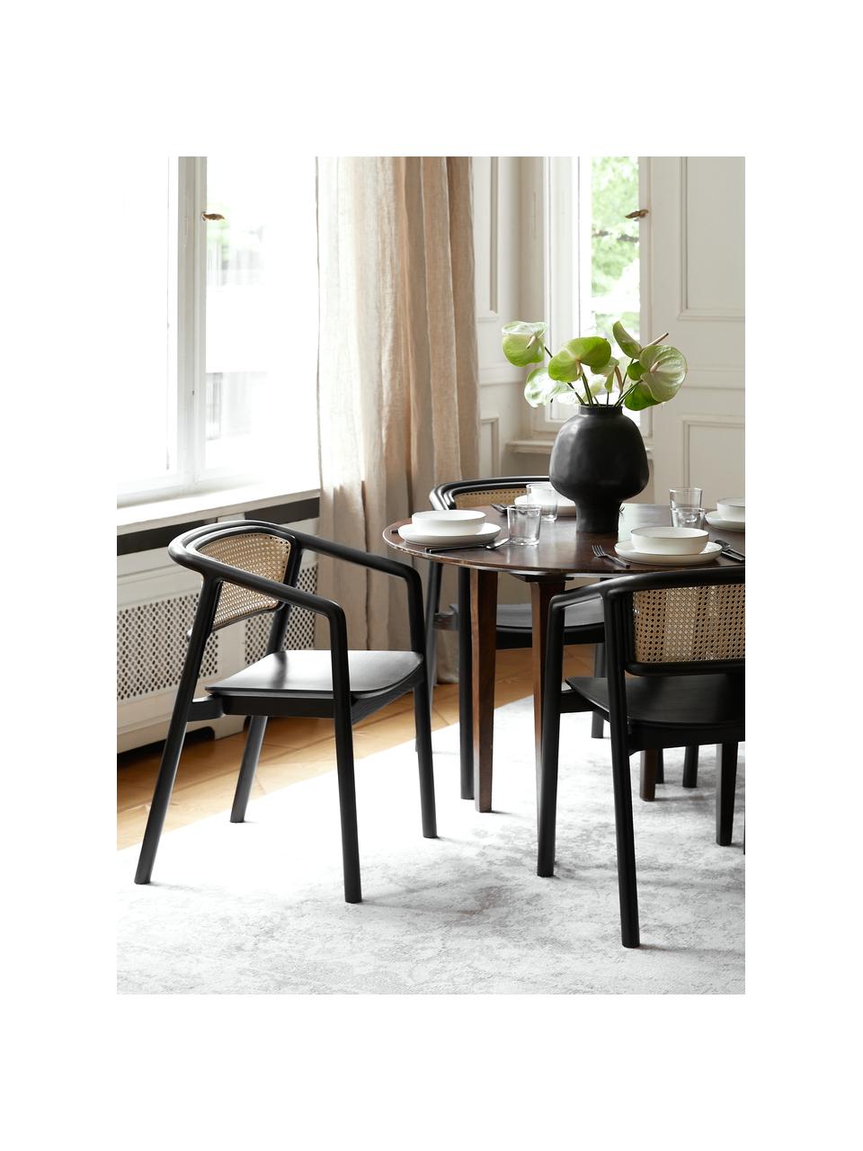 Silla con reposabrazos con tejido vienés Gali, Estructura: madera de fresno maciza c, Asiento: contrachapado de madera d, Negro, beige, An 56 x F 55 cm