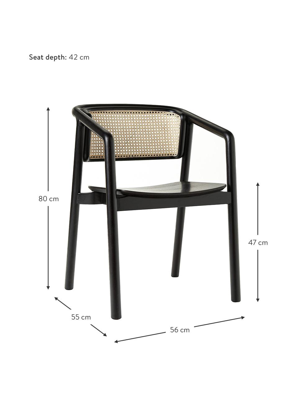 Silla con reposabrazos con tejido vienés Gali, Estructura: madera de fresno maciza c, Asiento: contrachapado de madera d, Negro, beige, An 56 x F 55 cm