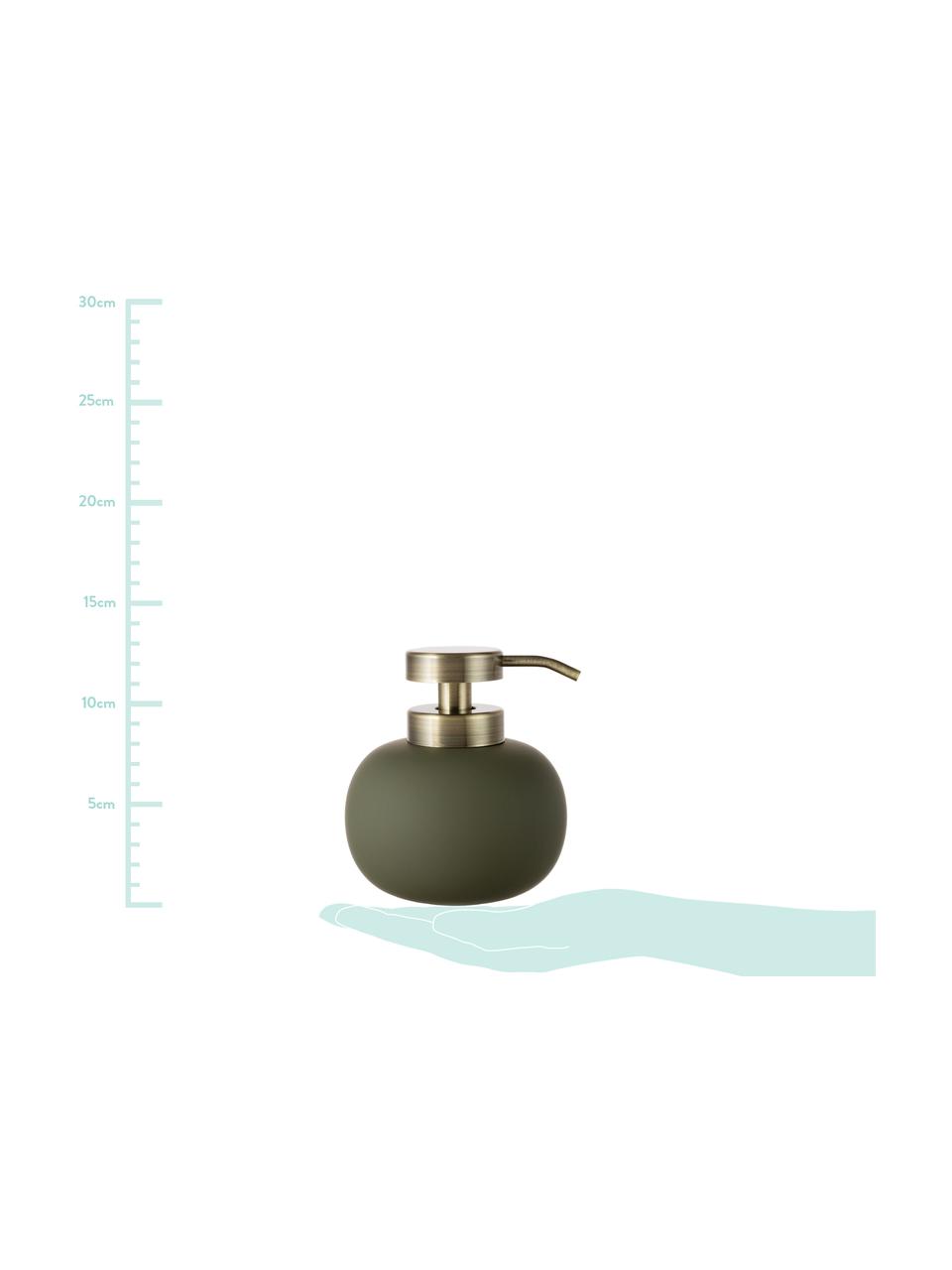 Dosificador de jabón Lotus, Recipiente: cerámica, Dosificador: metal, Verde oliva, latón, Ø 11 x Al 13 cm