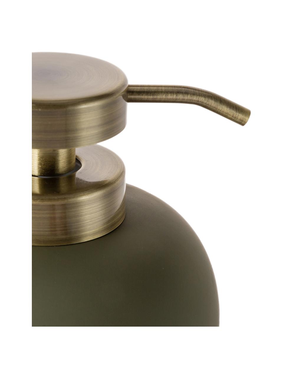 Keramik-Seifenspender Lotus, Behälter: Keramik, Pumpkopf: Metall, Olivengrün, Messingfarben, Ø 11 x H 13 cm