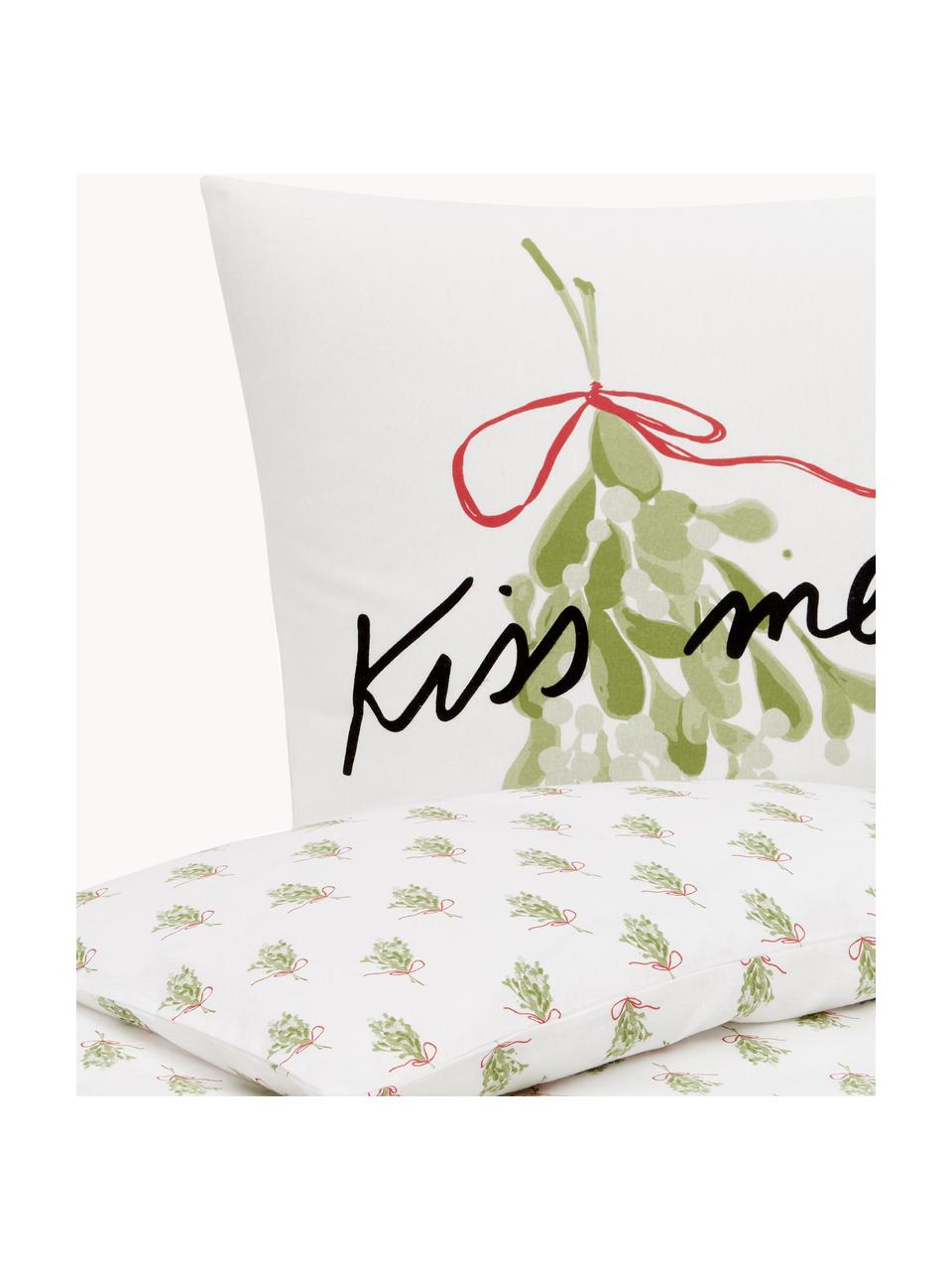 Designer Flanell-Bettwäsche Kiss Me von Kera Till, Webart: Flanell Flanell ist ein k, Weiß, Hellgrün, 135 x 200 cm + 1 Kissen 80 x 80 cm