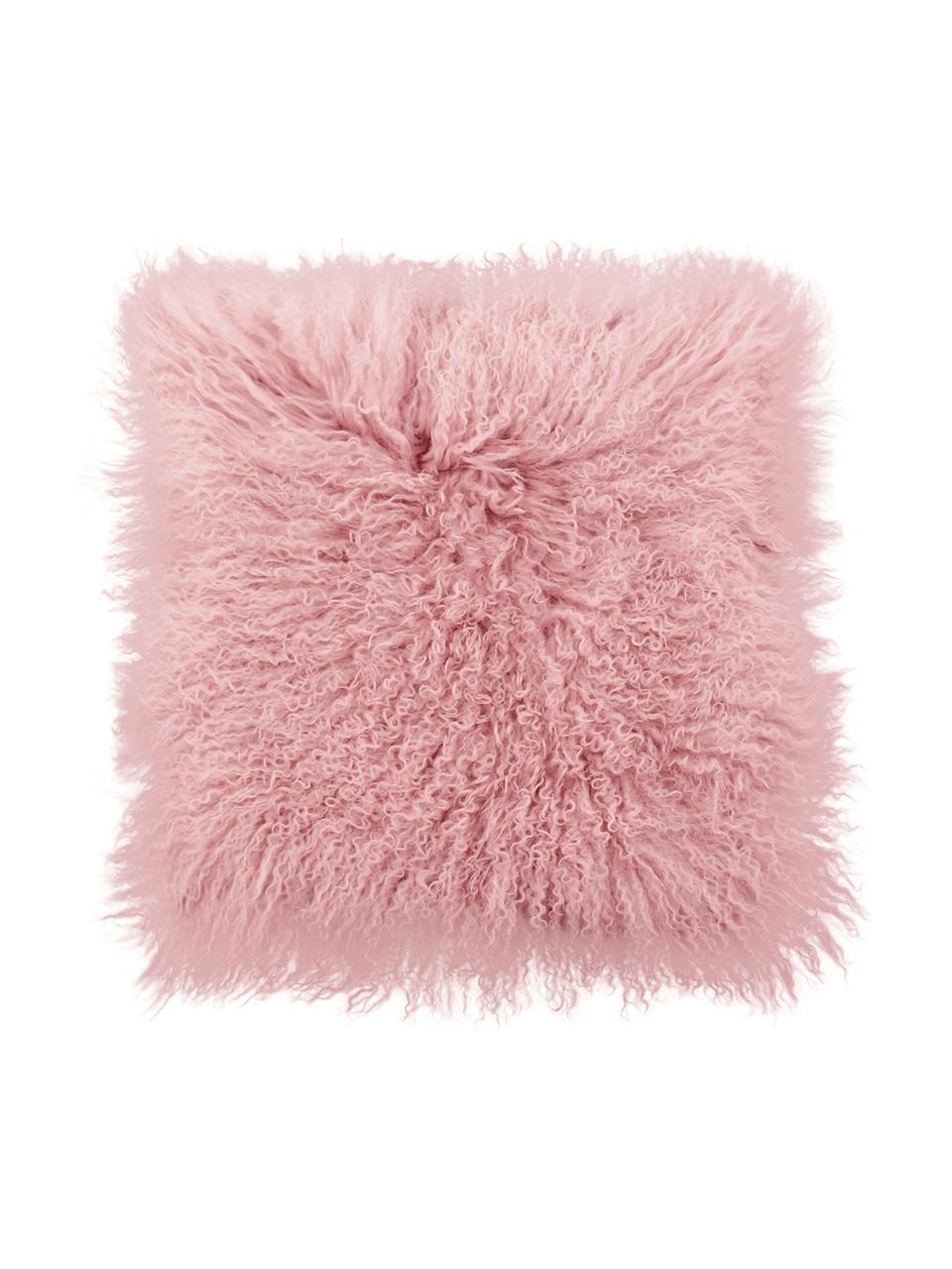 Housse de coussin 40x40 peau d'agneau à longs poils frisés Ella, Rose