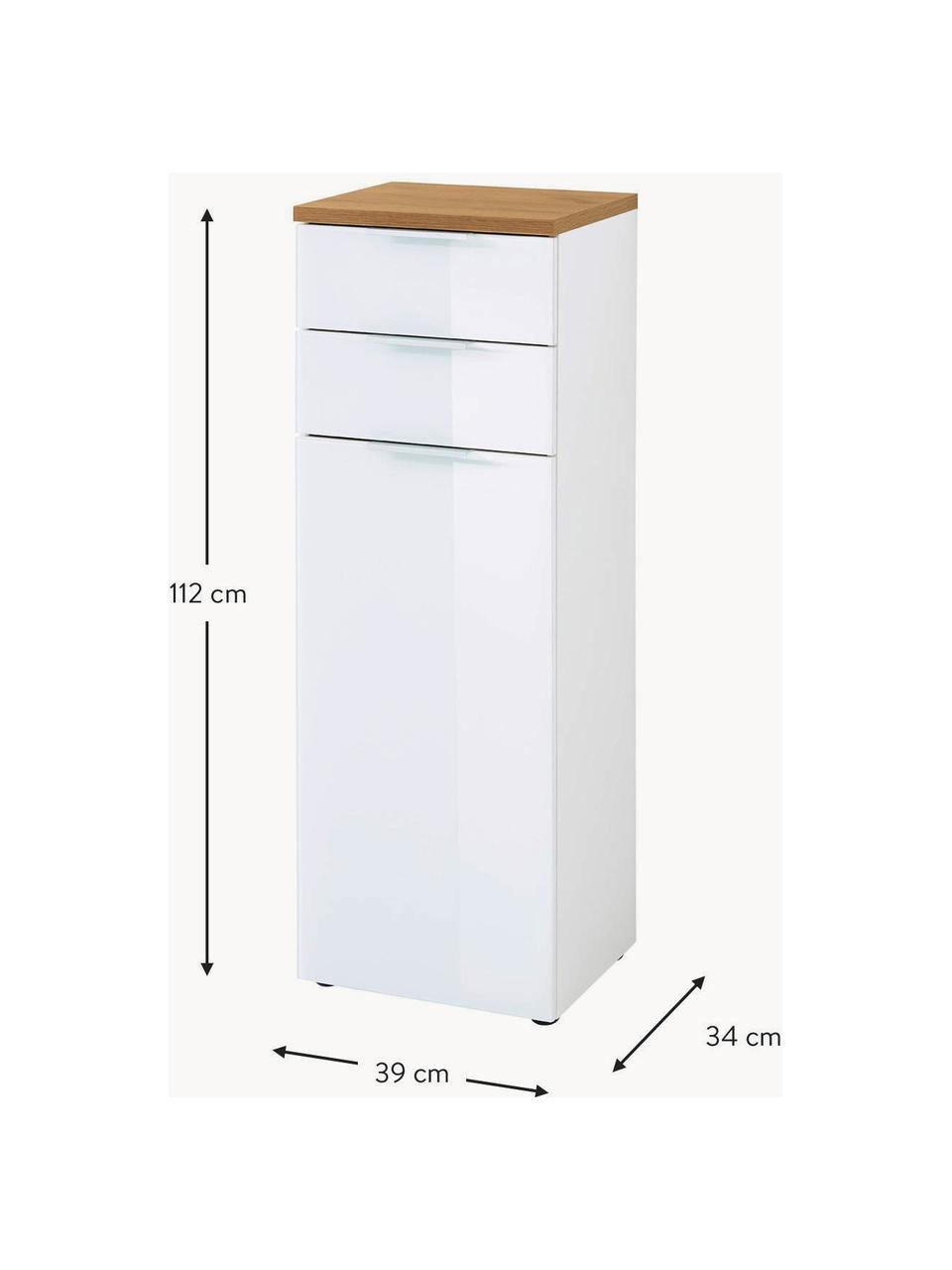 Bad-Midischrank Julian mit Schubladen, B 39 cm, Korpus: Spanplatte, melaminbeschi, Front: Glas, Spanplatte, melamin, Griffe: Metall, eloxiert, Füße: Kunststoff, Weiß, Holz, B 39 x H 112 cm