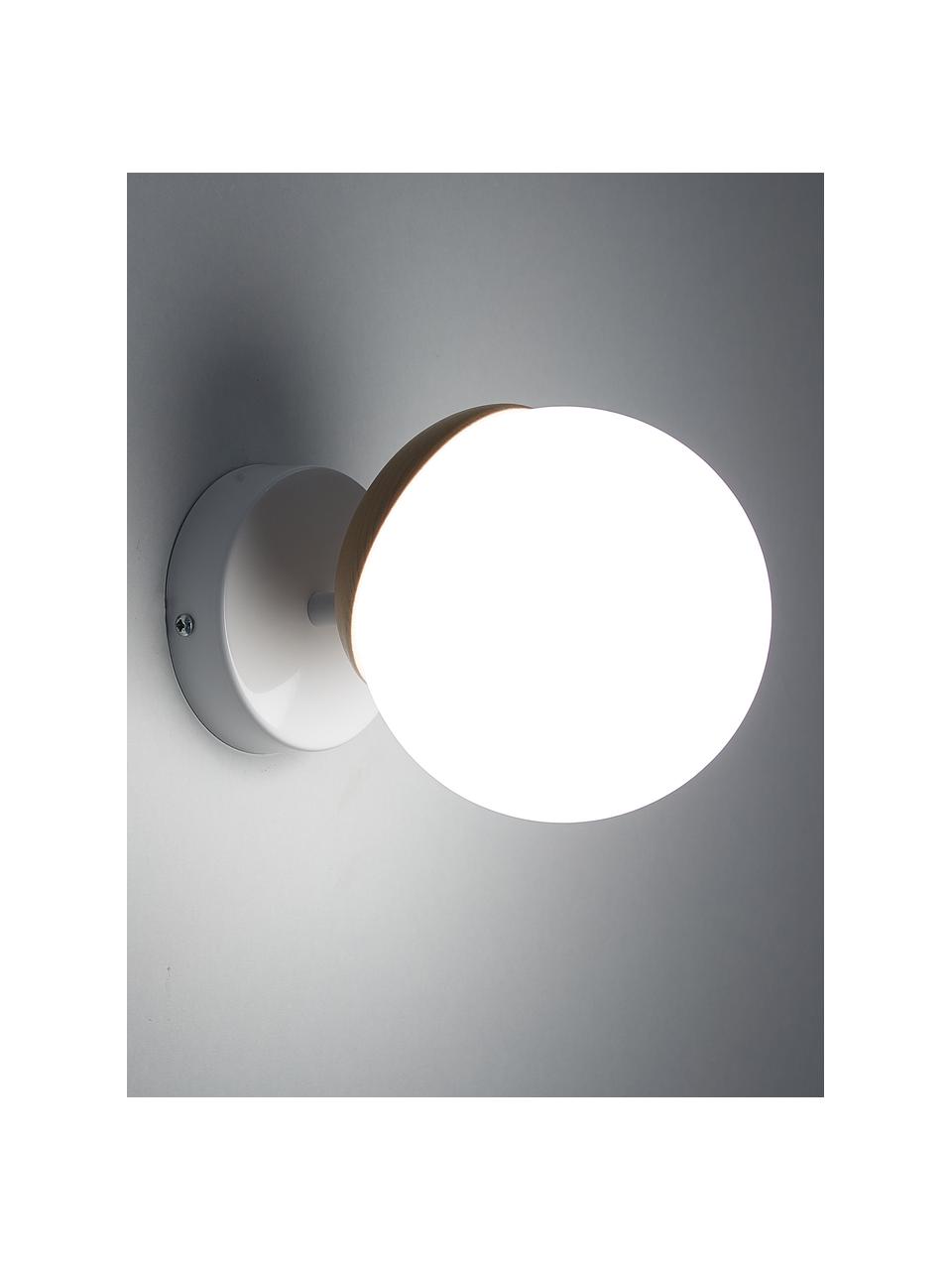 Kinkiet/lampa sufitowa z drewnianym dekorem Sfera, Biały, opalowy, jasne drewno naturalne, S 15 x G 20 cm