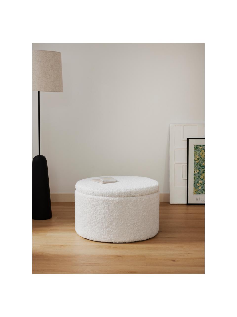 Grand tabouret avec coffre tissu bouclé Alida, Tissu peluche blanc, Ø 70 x haut. 42 cm