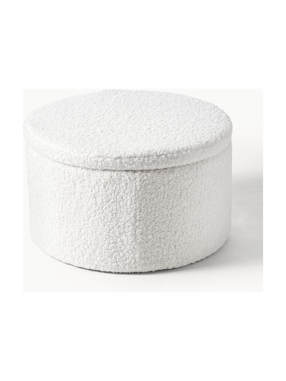 Grand pouf en tissu peluche avec rangement Alida, Peluche blanc, Ø 69 x haut. 42 cm