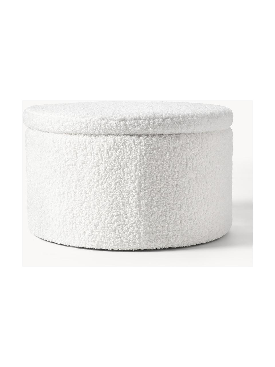 Grand pouf en tissu bouclé avec rangement Alida, Peluche blanc crème, Ø 70 x haut. 42 cm