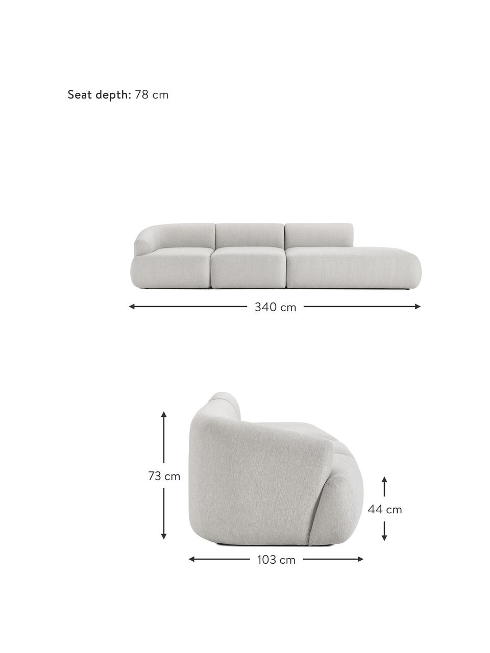 Méridienne modulable Sofia, Tissu gris clair, larg. 340 x prof. 103 cm, dossier à gauche