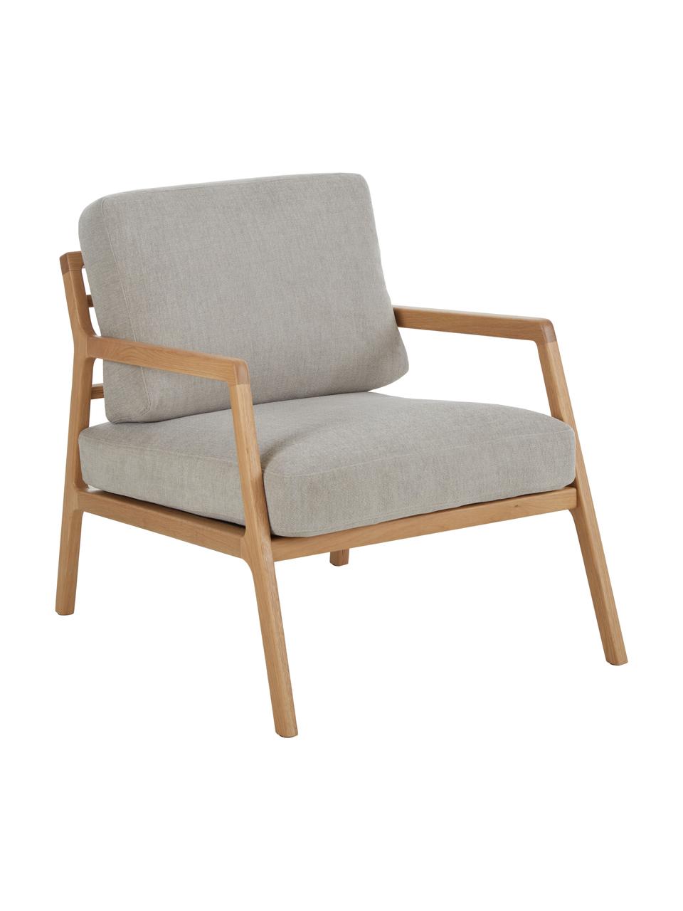 Fauteuil Becky van eikenhout, Bekleding: polyester, Frame: massief eikenhout, Geweven stof grijs, eikenhout, B 73 x D 90 cm